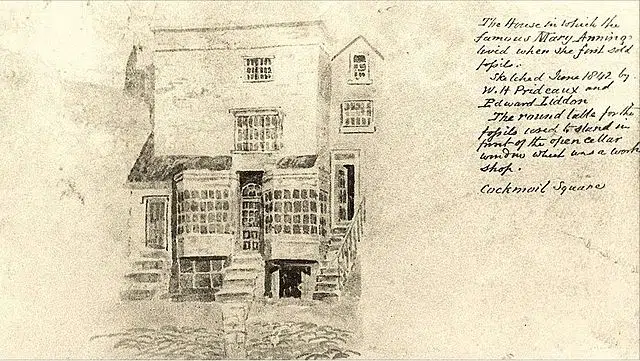 Drawing of Mary Anning's house in Lyme Regis, Dorset, England. June 1842.