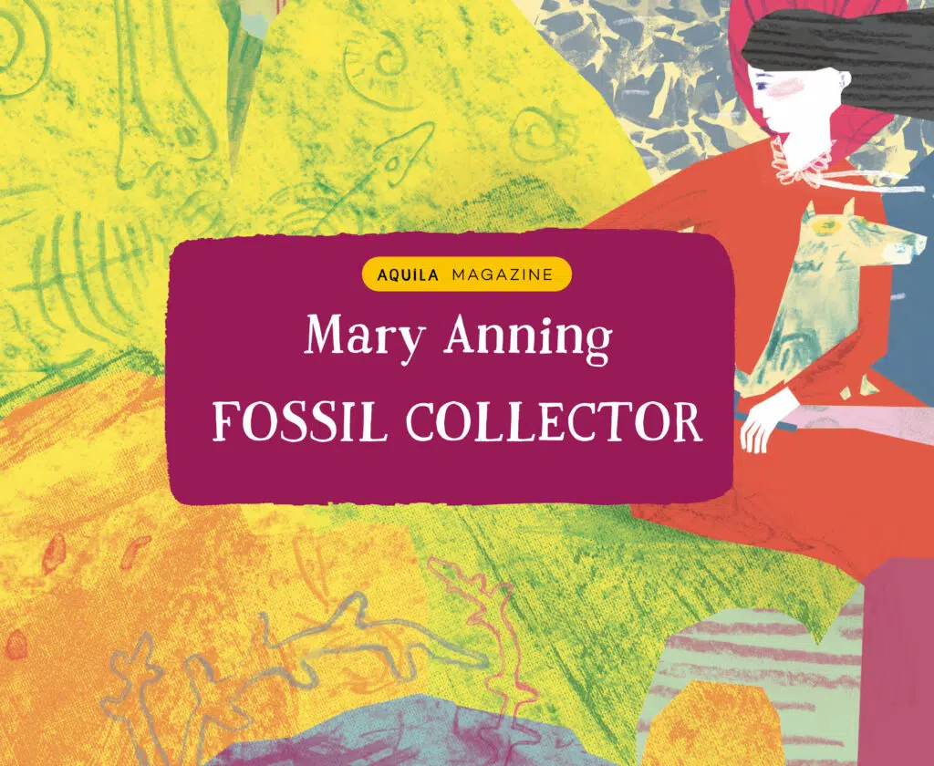 A illustrated picture of a woman by some cliffs surrounded by fossils
