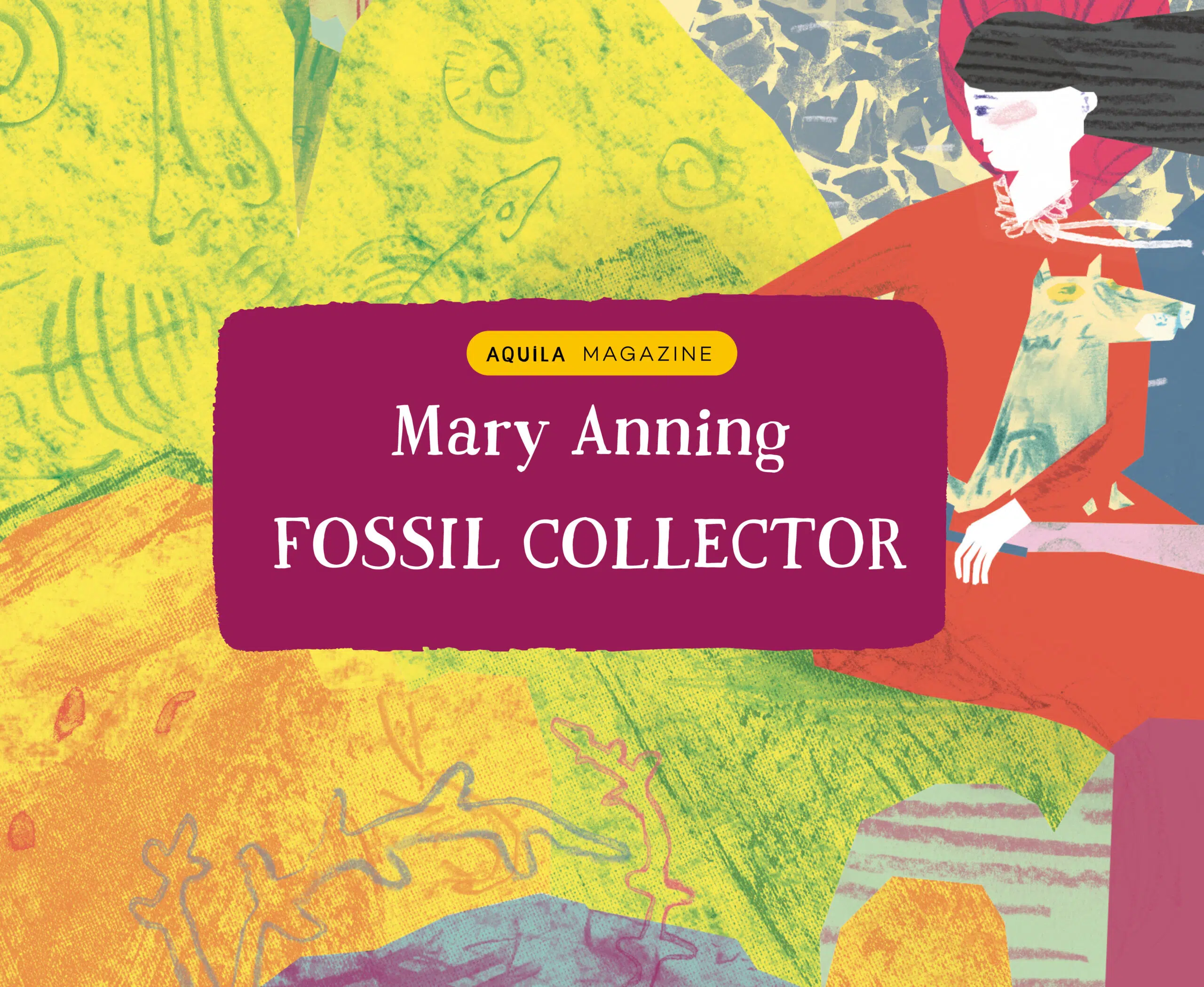 A illustrated picture of a woman by some cliffs surrounded by fossils
