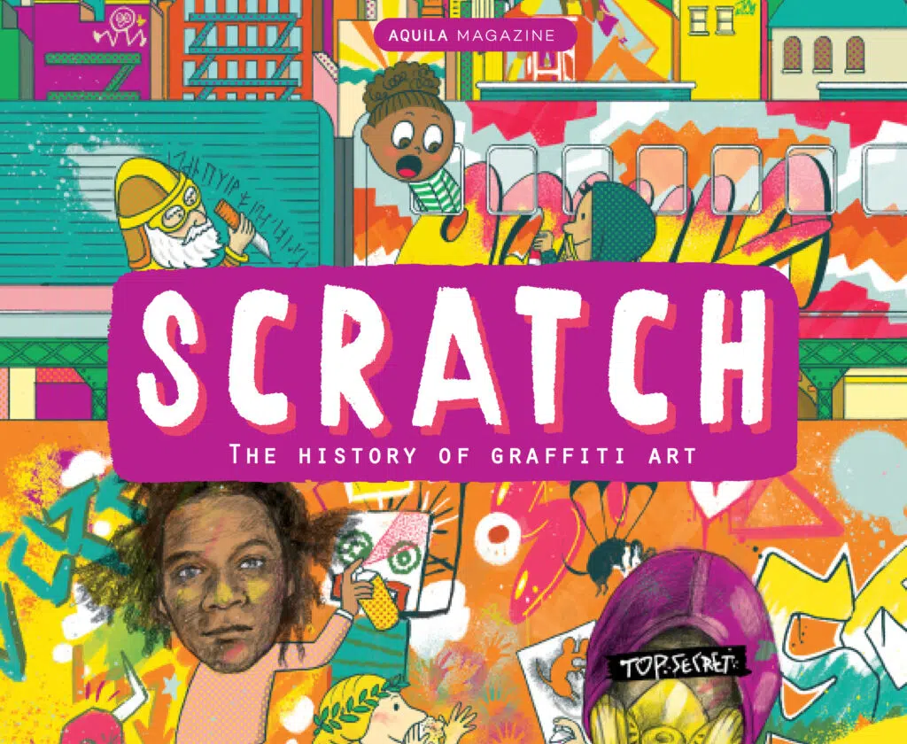 Illustration of graffiti art through time including basquiat and ancient cave carvings