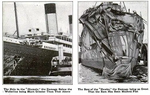 English: Photographs of the HMS Hawke and the RMS Olympic following their collision Date 1911 Source "Popular Mechanics" Magazine December 1911 Unknown author
