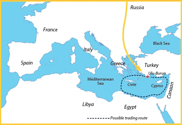 Map showing a possible trading route of Bronze-Age Mediterranean traders